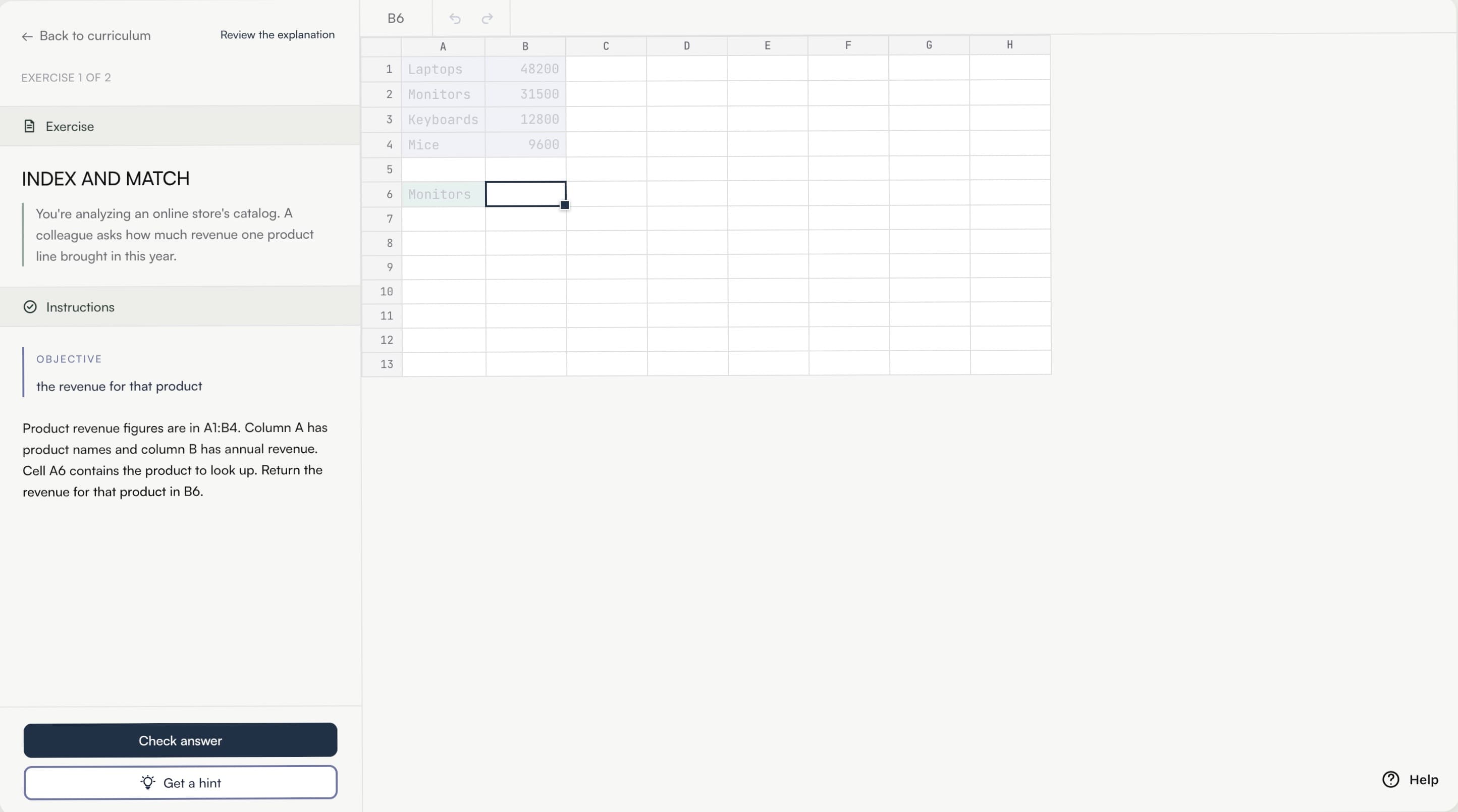 Calcu exercise with spreadsheet-style formula practice