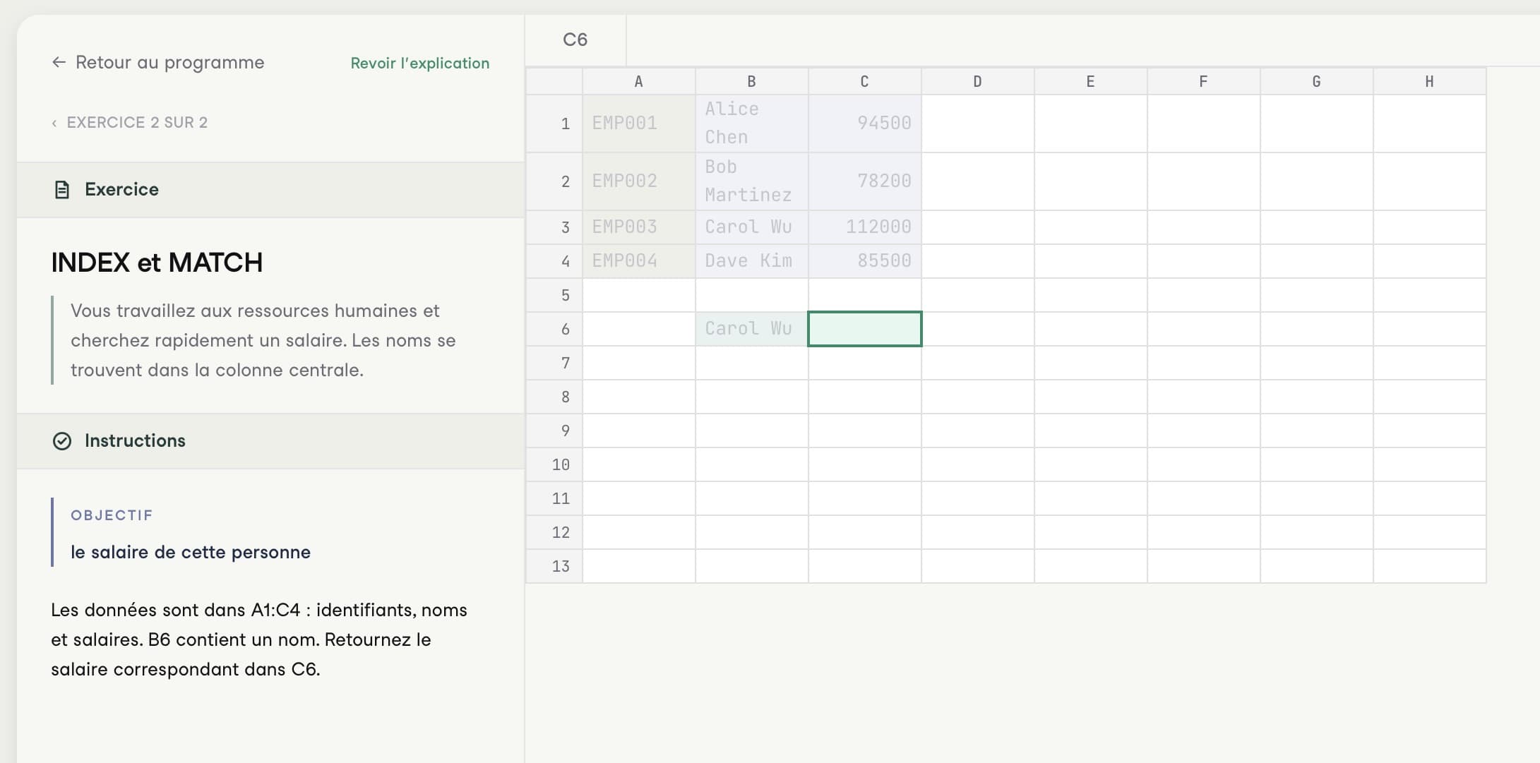 Interface d’exercice INDEX et MATCH dans Calcu